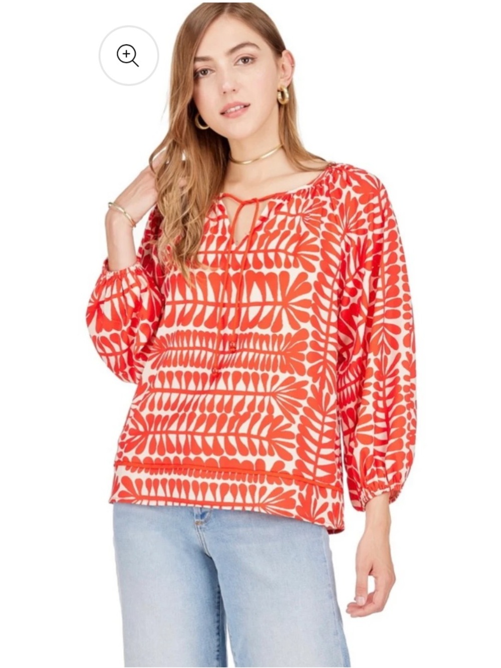 Joy Joy Red & Cream Patterned Peasant Blouse Size S